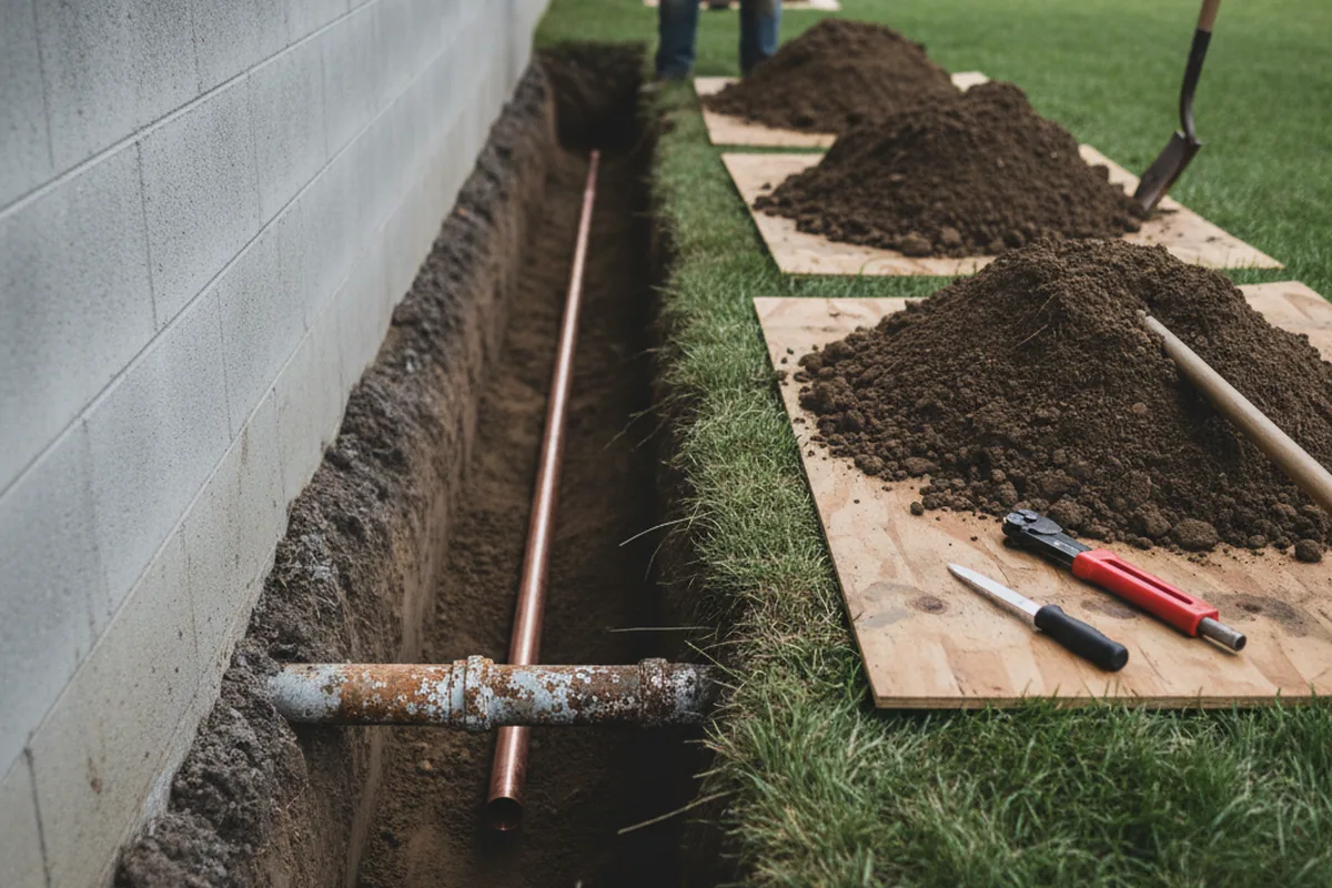 Excavated water line trench during Water Softener Installation in Sunburg